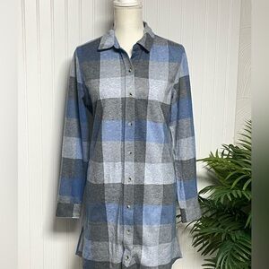 Beachlunchlounge Collection Blue Gray Plaid Flannel Long Shirt Jacket Women’s M
